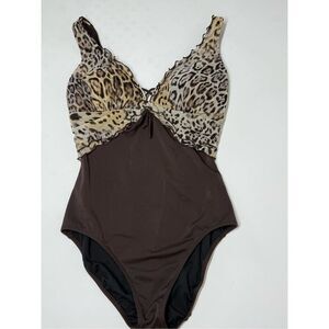 Profile By Gottex LEOPARD One Pieces Swimsuit Size 14 Mesh Trim Ruffle Details